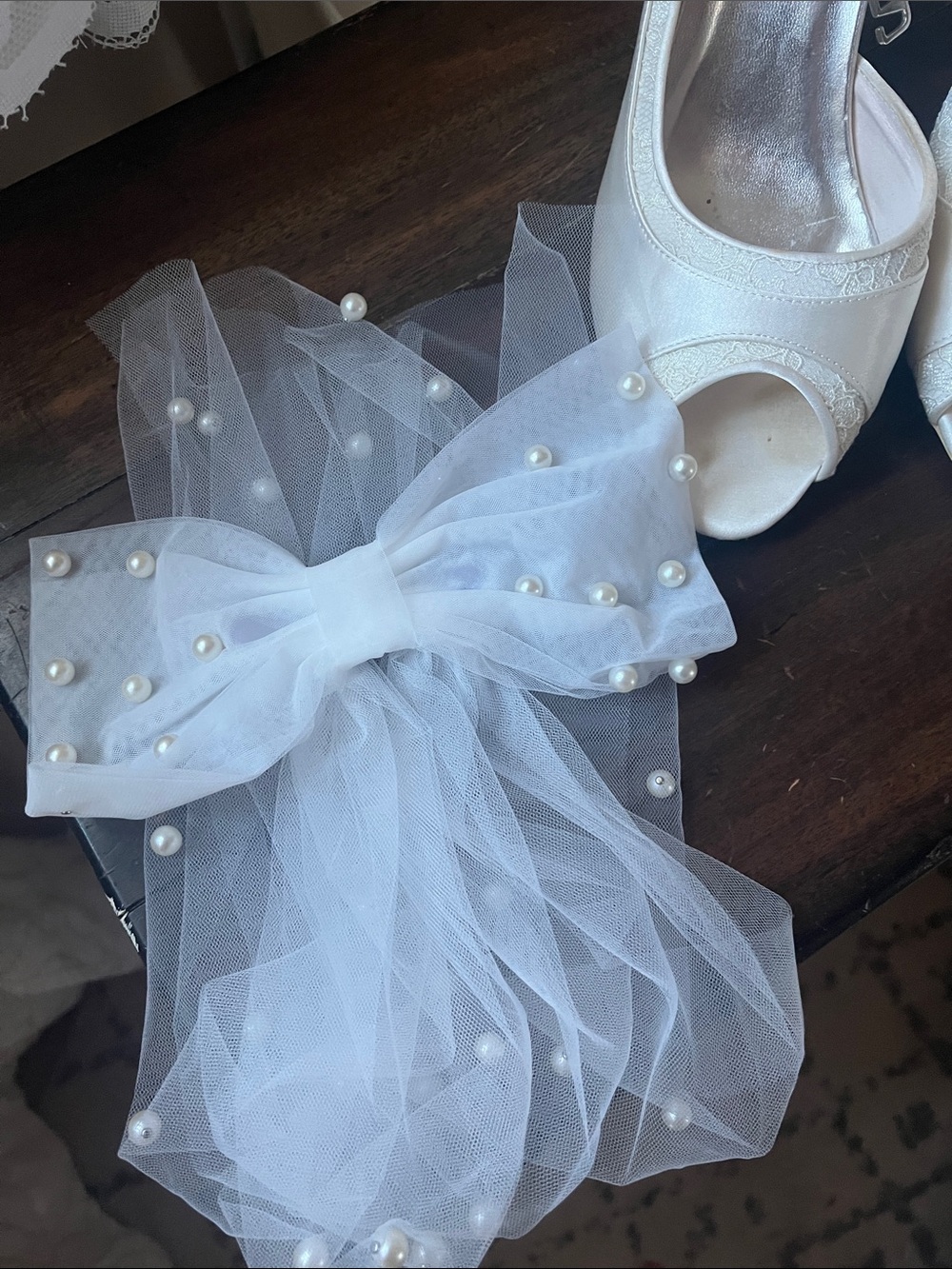 White Bridal Hair Bow Veil Embellished Pearls